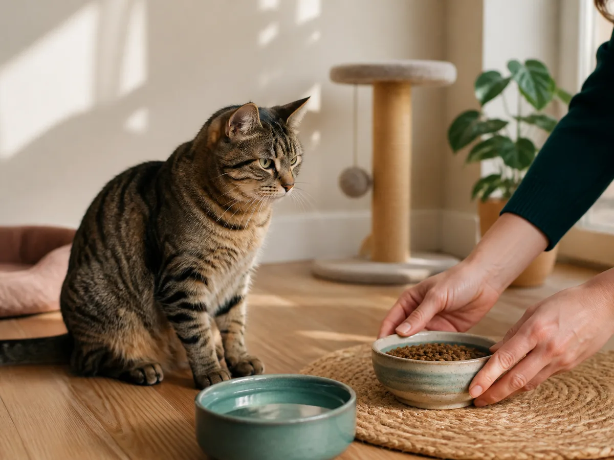 A caregiver refreshing food and water for a cat
