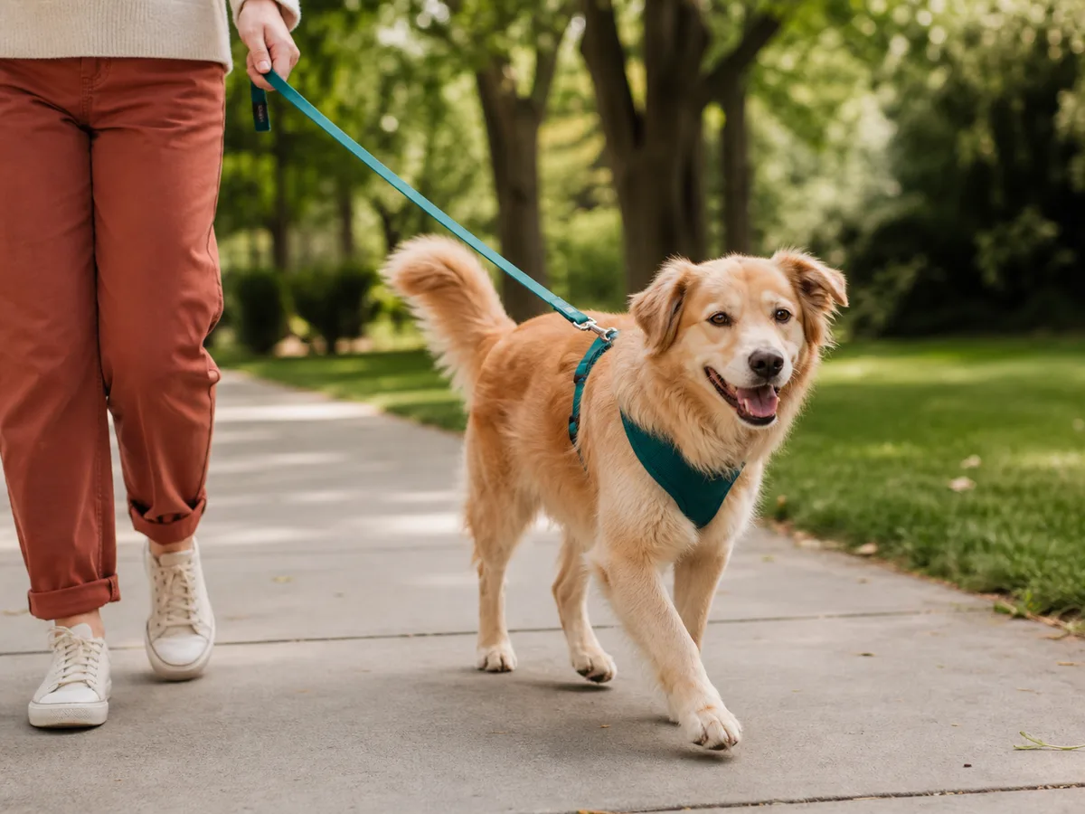 A golden dog on a calm one-to-one walk